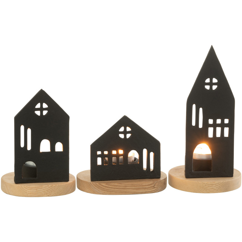 Photophore moderne chic Maisons en Métal Noir Bois Naturel Elvinae (Lot de 3) - 2