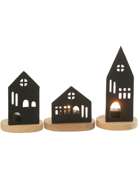 Photophore moderne chic Maisons en Métal Noir Bois Naturel Elvinae (Lot de 3) - 2