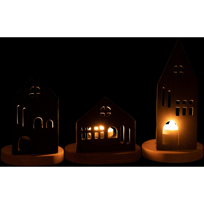 Photophore moderne chic Maisons en Métal Noir Bois Naturel Elvinae (Lot de 3) - 3