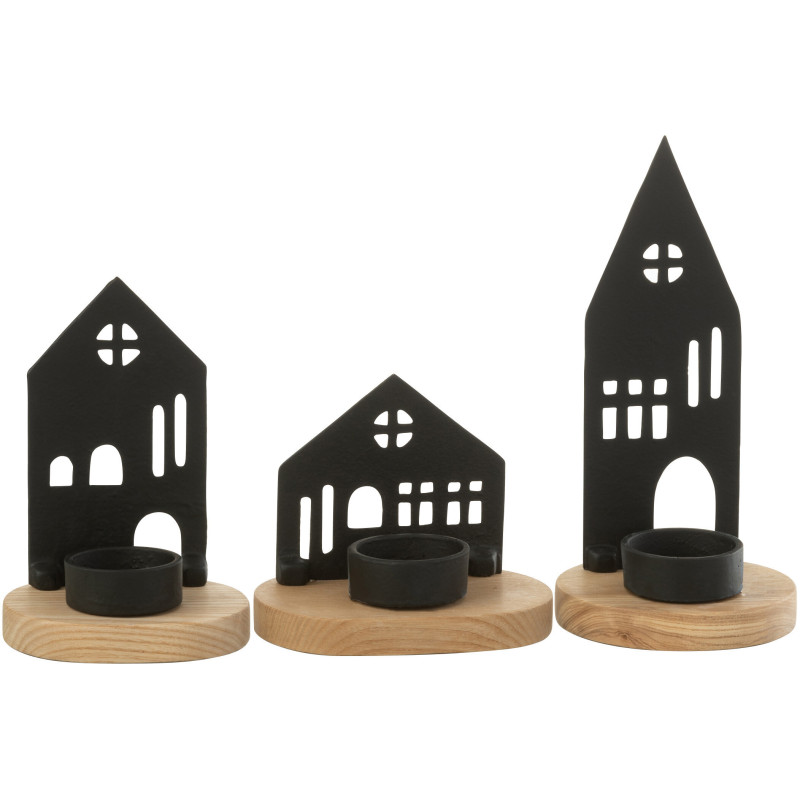 Photophore moderne chic Maisons en Métal Noir Bois Naturel Elvinae (Lot de 3) - 4