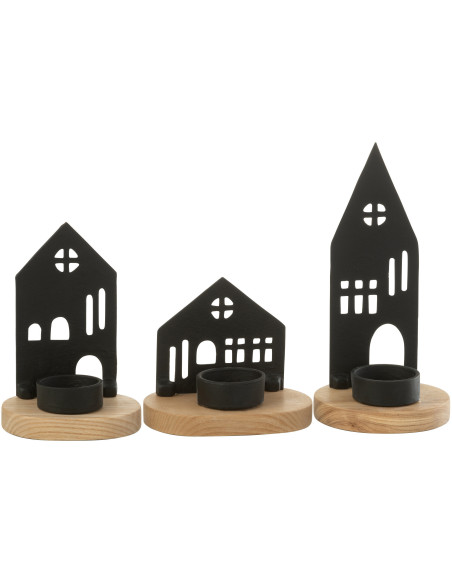 Photophore moderne chic Maisons en Métal Noir Bois Naturel Elvinae (Lot de 3) - 4