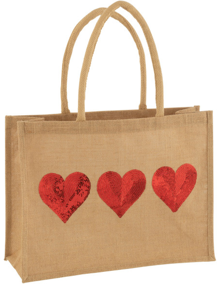 Sac cabas 3 coeurs en Jute Naturel Sequin Rouge J-Line - 1