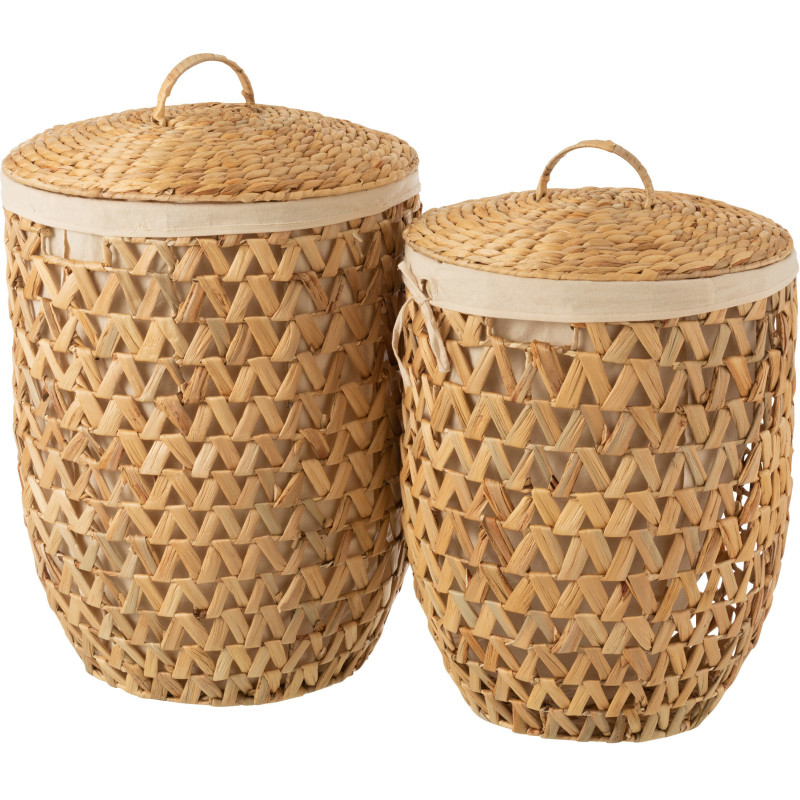 Panier à linge avec couvercle Rond en Jacinthe d'eau Naturel Tissu Beige Dorym (Lot de 2) - 1