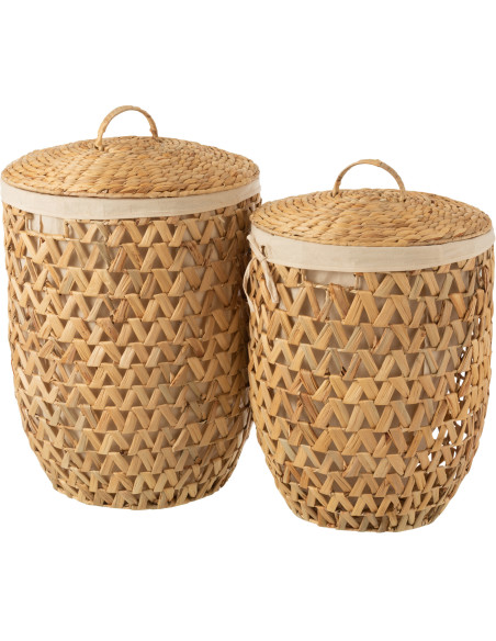 Panier à linge avec couvercle Rond en Jacinthe d'eau Naturel Tissu Beige Dorym (Lot de 2) - 1