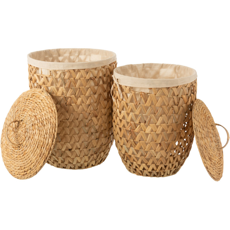 Panier à linge avec couvercle Rond en Jacinthe d'eau Naturel Tissu Beige Dorym (Lot de 2) - 2