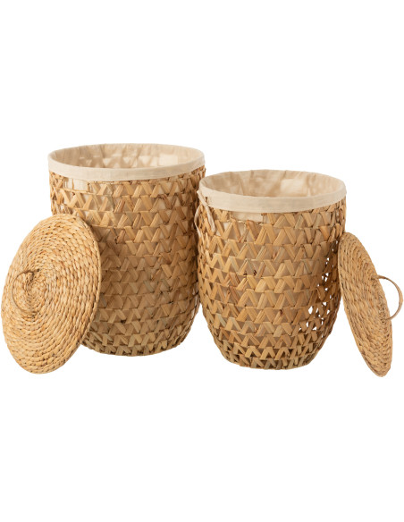 Panier à linge avec couvercle Rond en Jacinthe d'eau Naturel Tissu Beige Dorym (Lot de 2) - 2