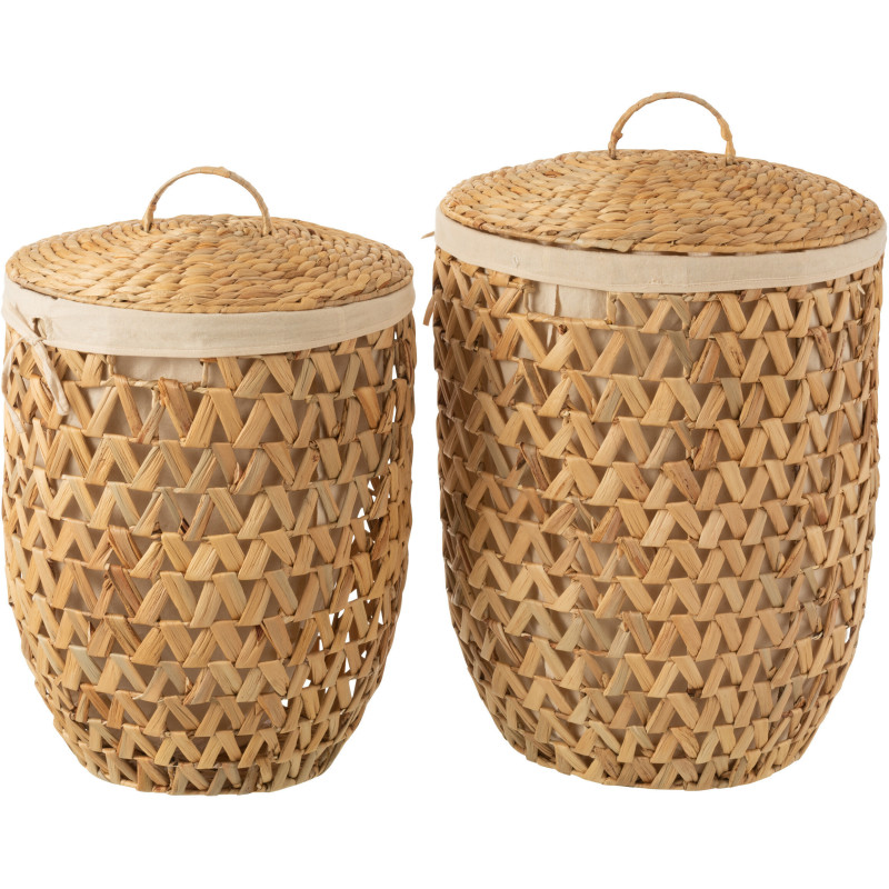 Panier à linge avec couvercle Rond en Jacinthe d'eau Naturel Tissu Beige Dorym (Lot de 2) - 3
