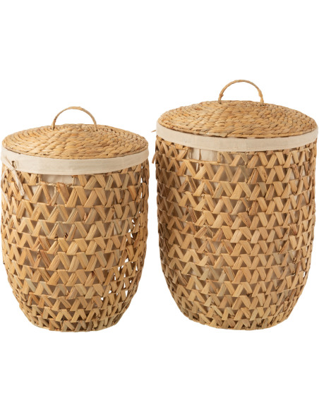 Panier à linge avec couvercle Rond en Jacinthe d'eau Naturel Tissu Beige Dorym (Lot de 2) - 3
