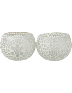 Photophore original rond Diamètre 12 cm en Verre Blanc Motif mosaïque Eki (Lot de 2) - 1