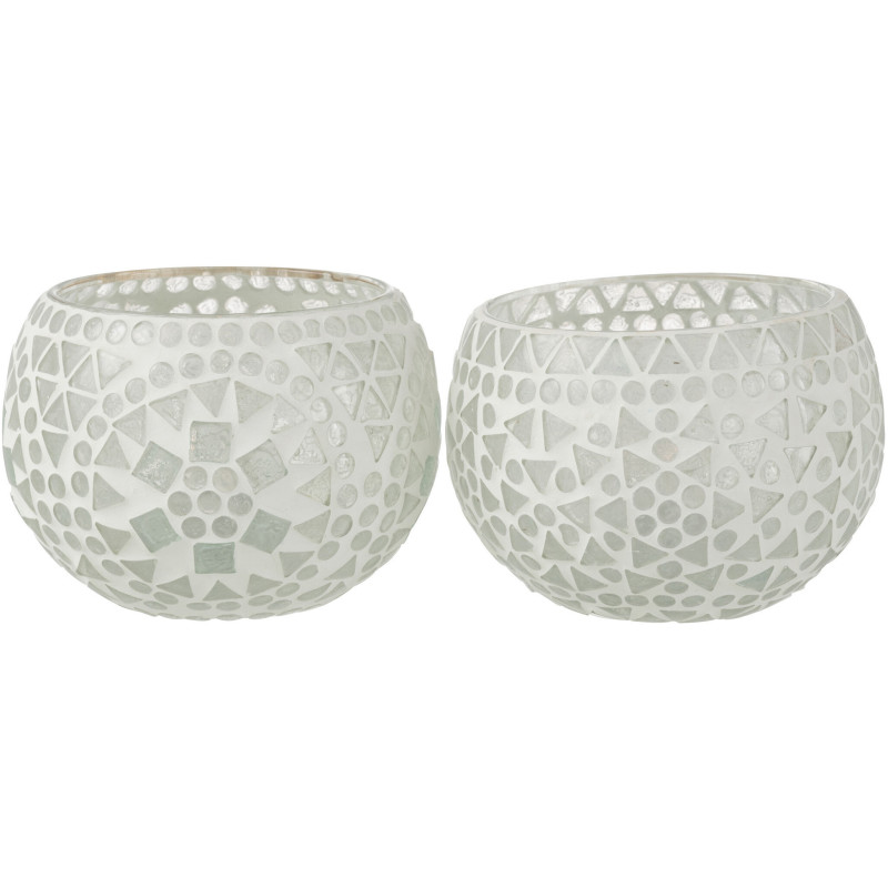 Photophore original rond Diamètre 12 cm en Verre Blanc Motif mosaïque Eki (Lot de 2) - 1