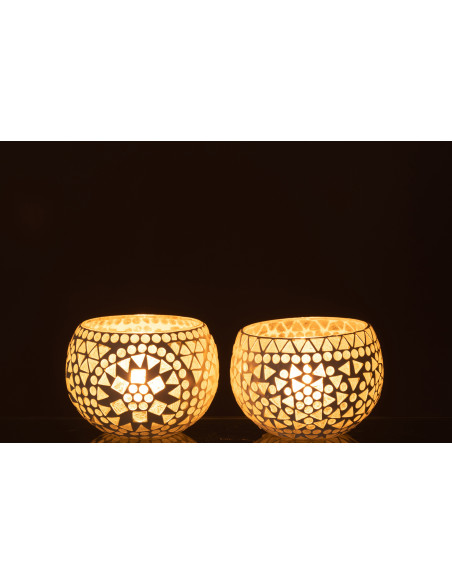 Photophore original rond Diamètre 12 cm en Verre Blanc Motif mosaïque Eki (Lot de 2) - 3