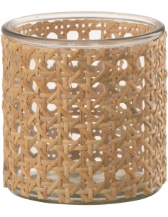 Photophore original rond Diamètre 10 cm en Verre Transparent Rotin Naturel Cannage Janelle - 1