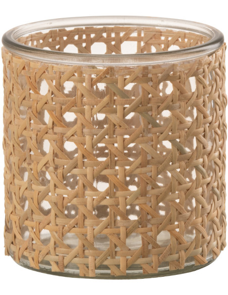 Photophore original rond Diamètre 10 cm en Verre Transparent Rotin Naturel Cannage Janelle - 1