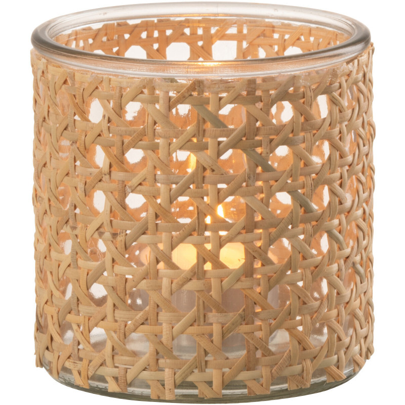 Photophore original rond Diamètre 10 cm en Verre Transparent Rotin Naturel Cannage Janelle - 2