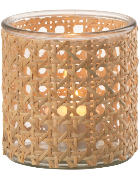 Photophore original rond Diamètre 10 cm en Verre Transparent Rotin Naturel Cannage Janelle - 2