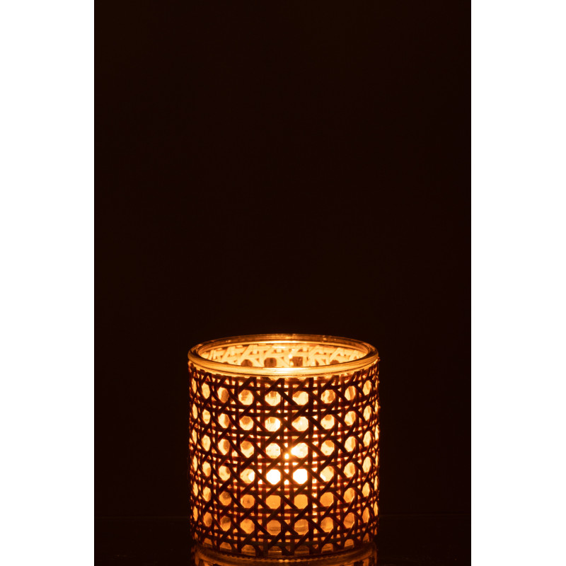 Photophore original rond Diamètre 10 cm en Verre Transparent Rotin Naturel Cannage Janelle - 3