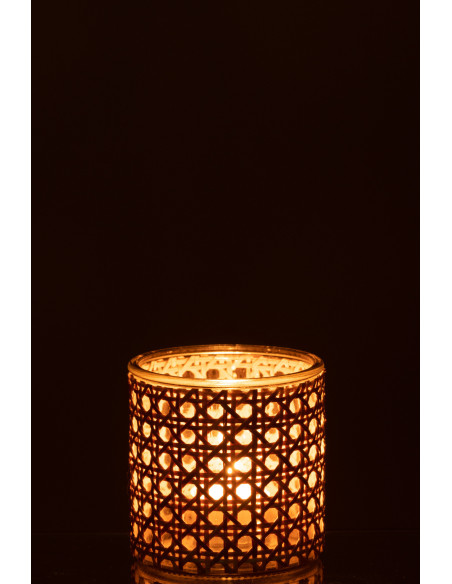 Photophore original rond Diamètre 10 cm en Verre Transparent Rotin Naturel Cannage Janelle - 3