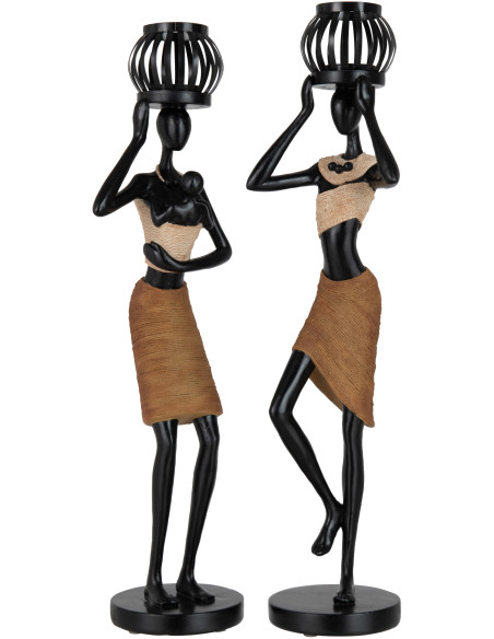 Photophore original XL Femmes africaines Hauteur 47 cm en Résine Marron Beige Temie (Lot de 2) - 1