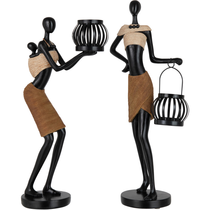 Photophore original XL Femmes africaines Hauteur 43 cm en Résine Marron Beige Firne (Lot de 2) - 1