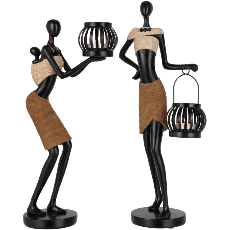 Photophore original XL Femmes africaines Hauteur 43 cm en Résine Marron Beige Firne (Lot de 2) - 2
