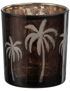 Photophore moderne exotique Diamètre 7 cm en Verre Marron Motif palmier Xotika - 1