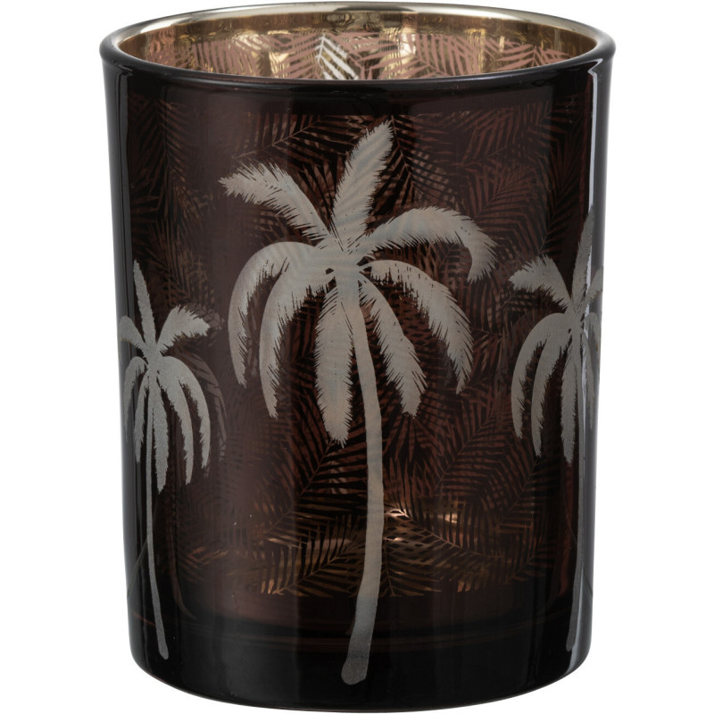 Photophore moderne exotique Diamètre 10 cm en Verre Marron Motif palmier Xotika - 1