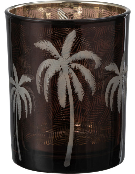 Photophore moderne exotique Diamètre 10 cm en Verre Marron Motif palmier Xotika - 1