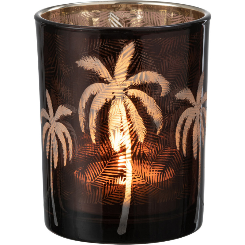 Photophore moderne exotique Diamètre 10 cm en Verre Marron Motif palmier Xotika - 2