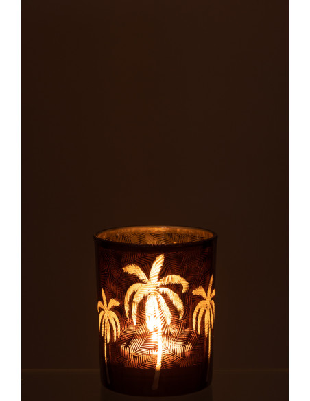 Photophore moderne exotique Diamètre 10 cm en Verre Marron Motif palmier Xotika - 3