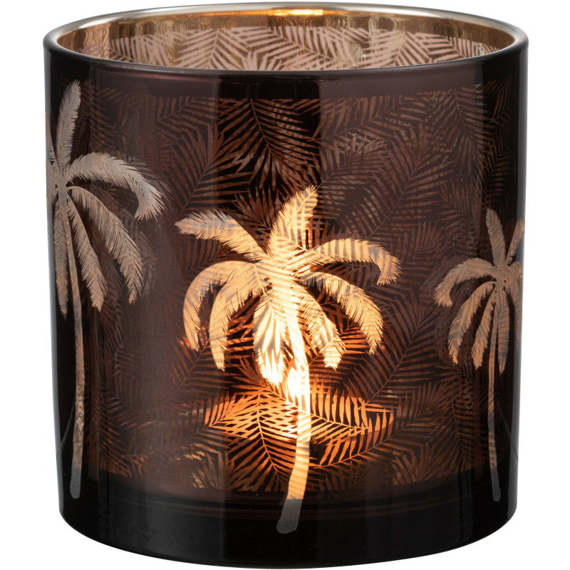 Photophore moderne exotique XL Diamètre 15 cm en Verre Marron Motif palmier Xotika - 2