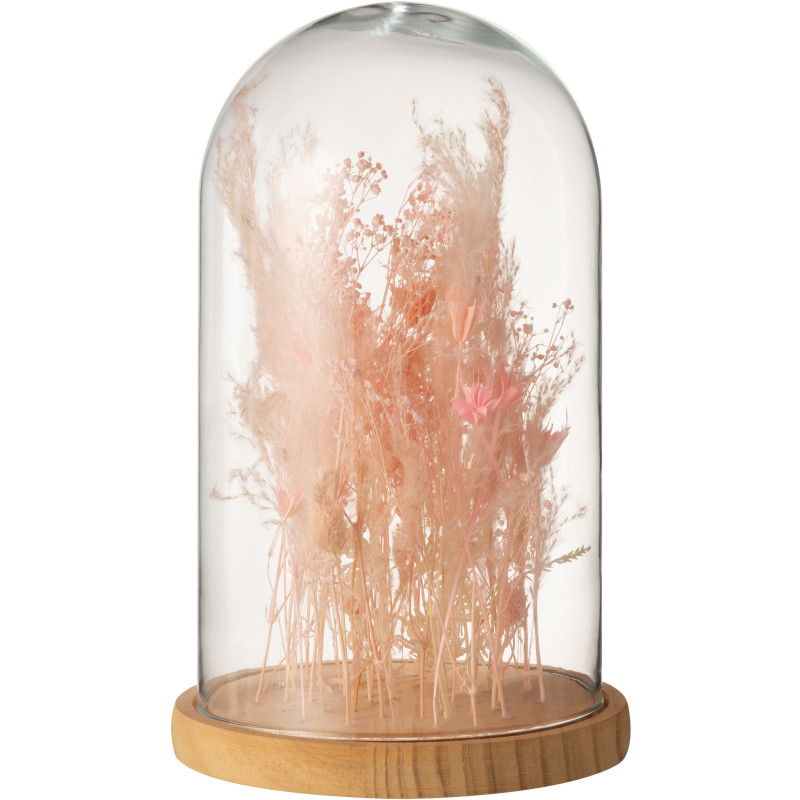 Cloche fleurie Hauteur 37 cm en Verre Transparent Bois Naturel Fleurs séchées Rose Kalena - 1