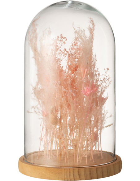 Cloche fleurie Hauteur 37 cm en Verre Transparent Bois Naturel Fleurs séchées Rose Kalena - 1