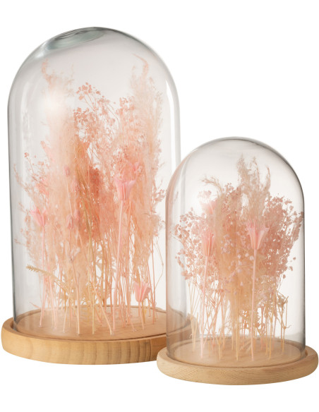 Cloche fleurie Hauteur 37 cm en Verre Transparent Bois Naturel Fleurs séchées Rose Kalena - 2