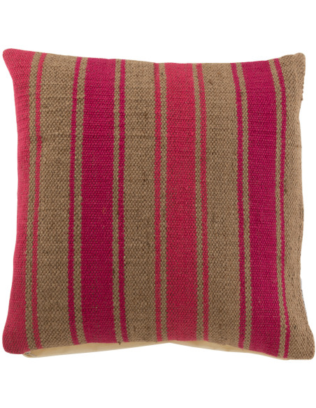 Coussin Carré Anna 50x50 en Jute Naturel Laine Fuchsia Rouge Motif rayures - 1