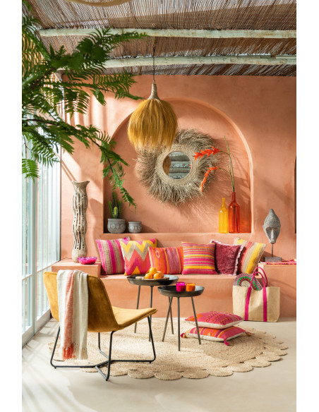 Coussin Carré Anna 50x50 en Jute Naturel Laine Fuchsia Rouge Motif rayures - 2