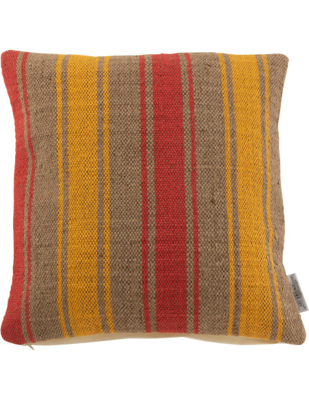 Coussin Carré Anna 50x50 en Jute Naturel Laine Ocre Rouge Motif rayures - 1