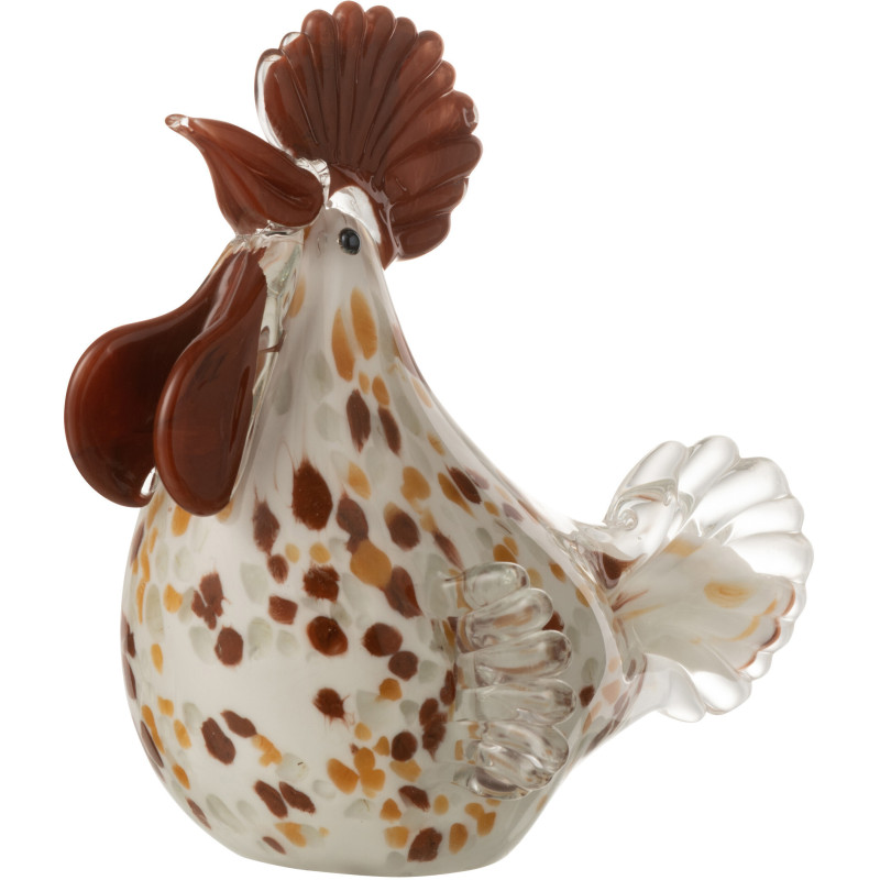 Presse papier original Coq Hauteur 14 cm en Verre Blanc Marron Ocre Motif pois Roosty - 1