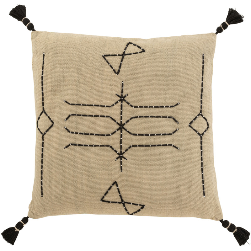 Coussin Carré Rune 45x45 en Coton Beige Noir Motif géométrique Avec pompons - 1