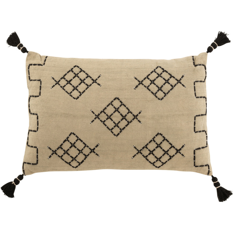 Coussin Rectangulaire Rune 60x40 en Coton Beige Noir Motif géométrique Avec pompons - 1