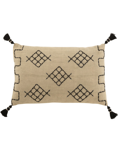Coussin Rectangulaire Rune 60x40 en Coton Beige Noir Motif géométrique Avec pompons - 1