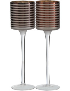 Photophore moderne sur pied Hauteur 25 cm en Verre Marron Blanc Motif rayé Jazzino (Lot de 2) - 1