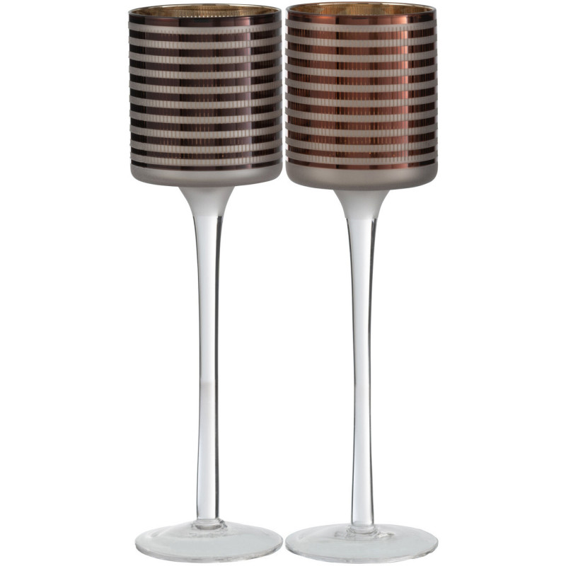 Photophore moderne sur pied Hauteur 25 cm en Verre Marron Blanc Motif rayé Jazzino (Lot de 2) - 1