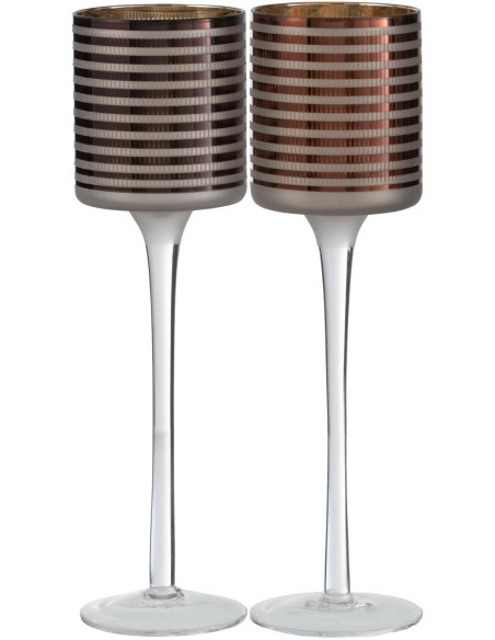 Photophore moderne sur pied Hauteur 25 cm en Verre Marron Blanc Motif rayé Jazzino (Lot de 2) - 1