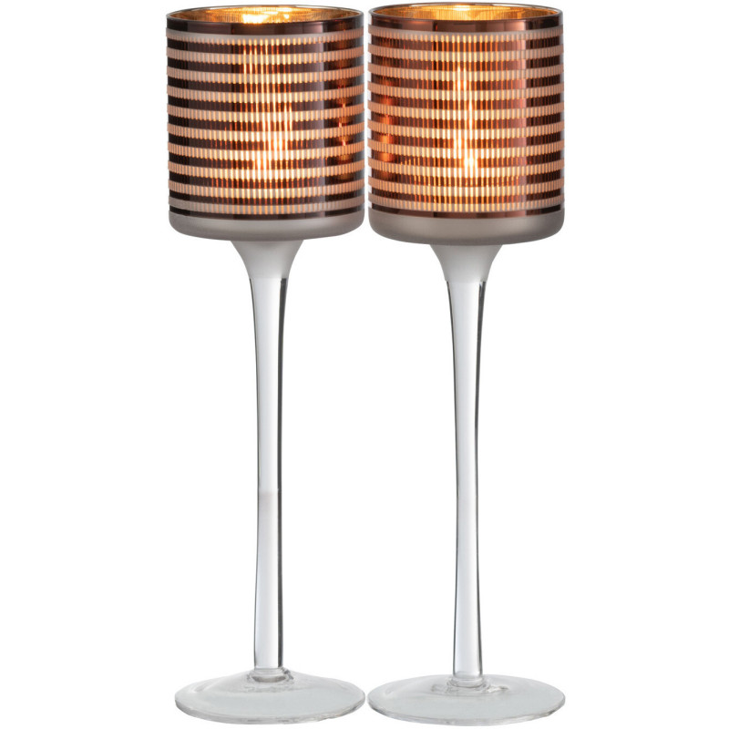 Photophore moderne sur pied Hauteur 25 cm en Verre Marron Blanc Motif rayé Jazzino (Lot de 2) - 2