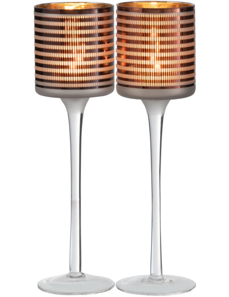 Photophore moderne sur pied Hauteur 25 cm en Verre Marron Blanc Motif rayé Jazzino (Lot de 2) - 2