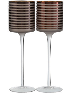 Photophore moderne sur pied XL Hauteur 30 cm en Verre Marron Blanc Motif rayé Jazzino (Lot de 2) - 1