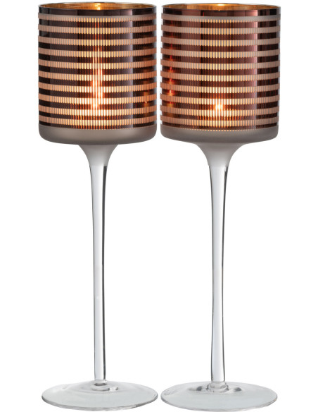 Photophore moderne sur pied XL Hauteur 30 cm en Verre Marron Blanc Motif rayé Jazzino (Lot de 2) - 2