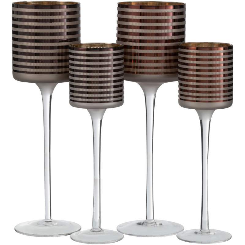 Photophore moderne sur pied XL Hauteur 30 cm en Verre Marron Blanc Motif rayé Jazzino (Lot de 2) - 4