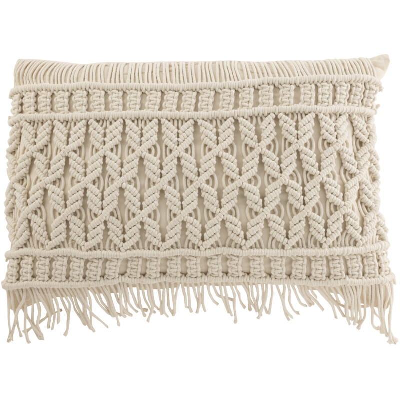 Coussin Rectangulaire Cosy 50x40 en Coton Blanc Motif macramé Avec franges - 1