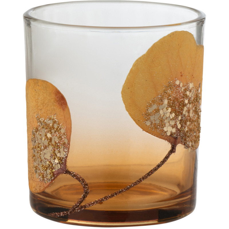 Photophore original Feuilles séchées Diamètre 7 cm en Verre Ocre Transparent Avec paillettes Javoria - 1